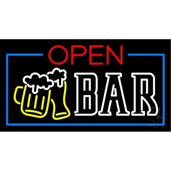 Open Bar with Beer Mug LED Neon Sign 13 x 24 - inches, Clear Edge Cut Acrylic Backing, with Dimmer - Bright and Premium built indoor LED Neon Sign for Bar decor.