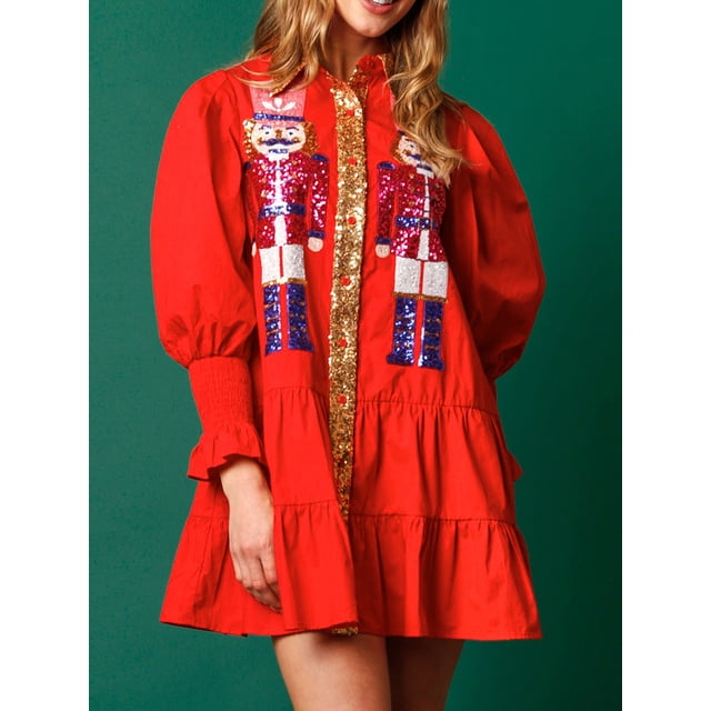 Vestido con lentejuelas para mujer, estilo navideño, con capas y estampado de cascanueces, minivestido navideño con lentejuelas