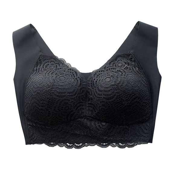 Women Bras Push Up Plus Size Sports Extra-Elastic Breathable Lace Trim Bra V-Neck Seamless Bra Feature Hook and Eye Closure Bralette Bra Style Y-637 , Black 50