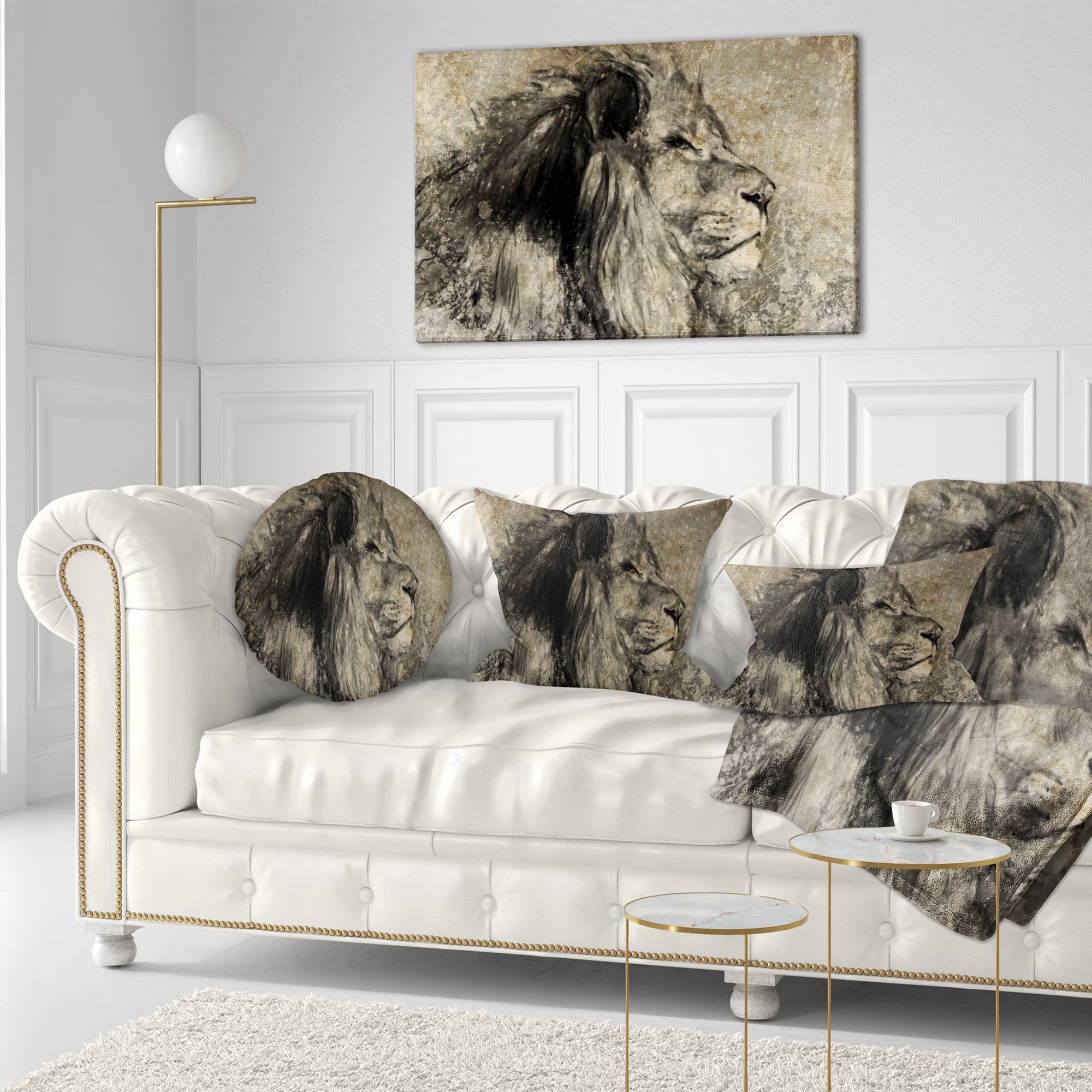 Designart Lion in Sepia - Animal Throw Pillow - 12x20