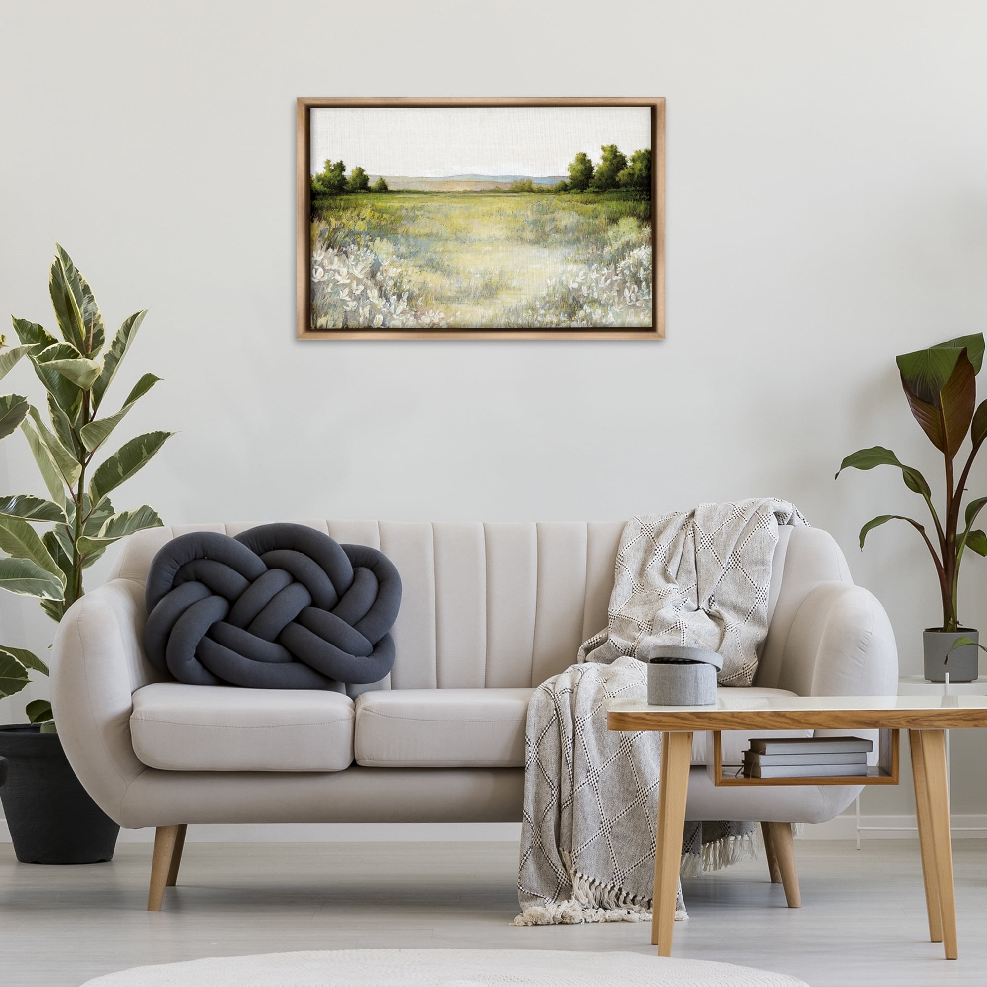 Stupell Industries White Flowers Meadow Landscape & Nature Painting Brown Floater Framed Canvas Art Print Wall Art, 31 x 21
