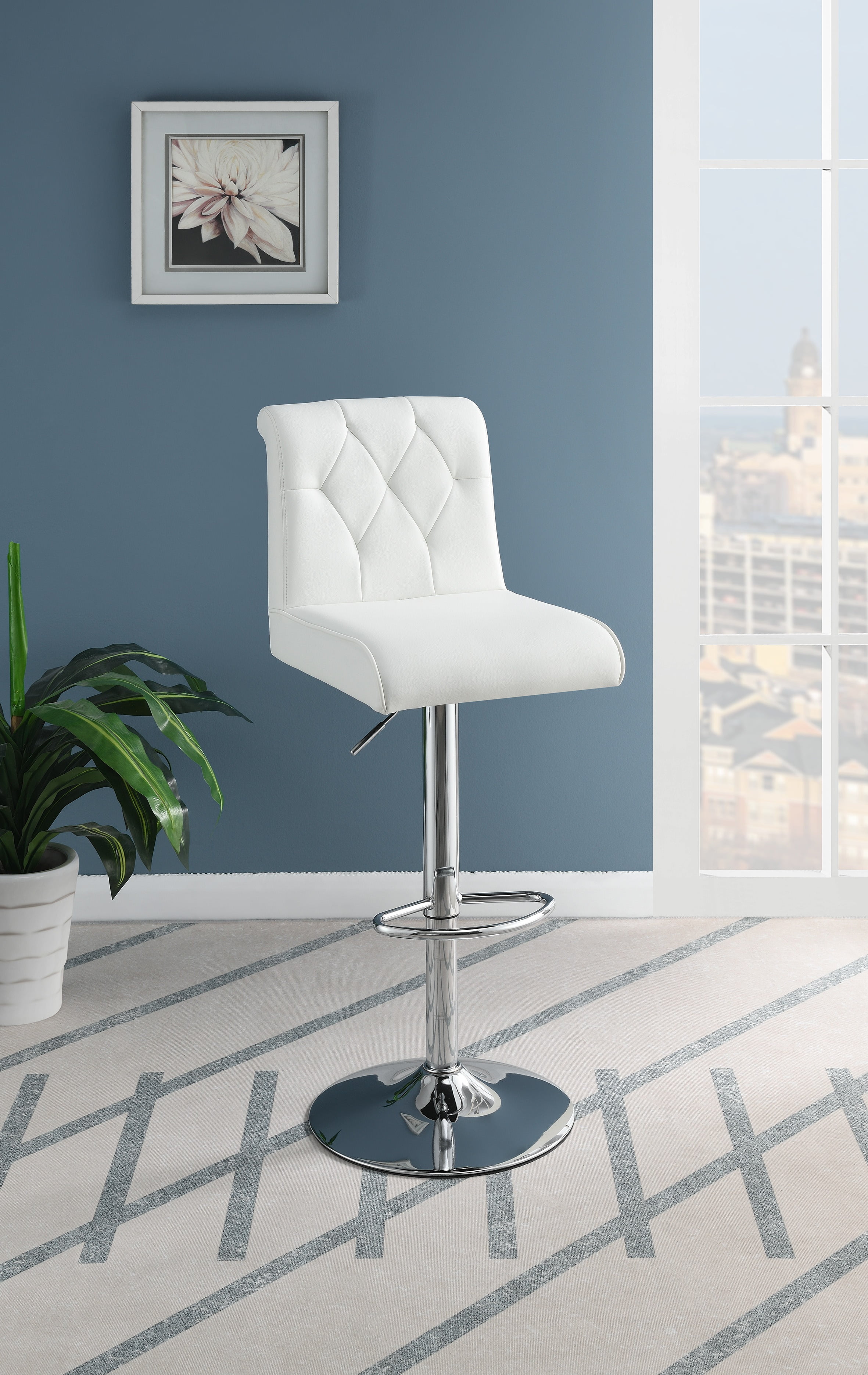 Adjustable Bar stool Gas lift Chair White Faux Leather Tufted Chrome
