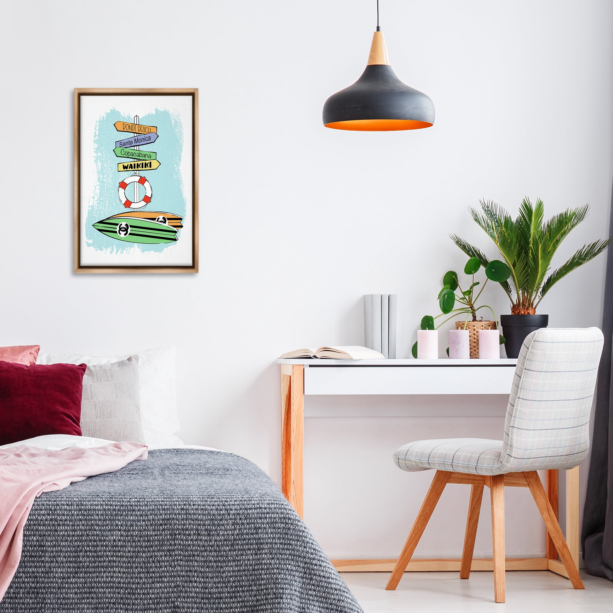 Stupell Industries Glam Surfboards & Sign Coastal Painting Brown Floater Framed Art Print Wall Art, 17 x 25