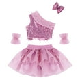 thumbnail image 4 of MSemis Girls Sequin Oblique Shoulder Tops and Veil Skirt with Bowknot Hair Clip and Cuffs Perform Set, 4 of 5