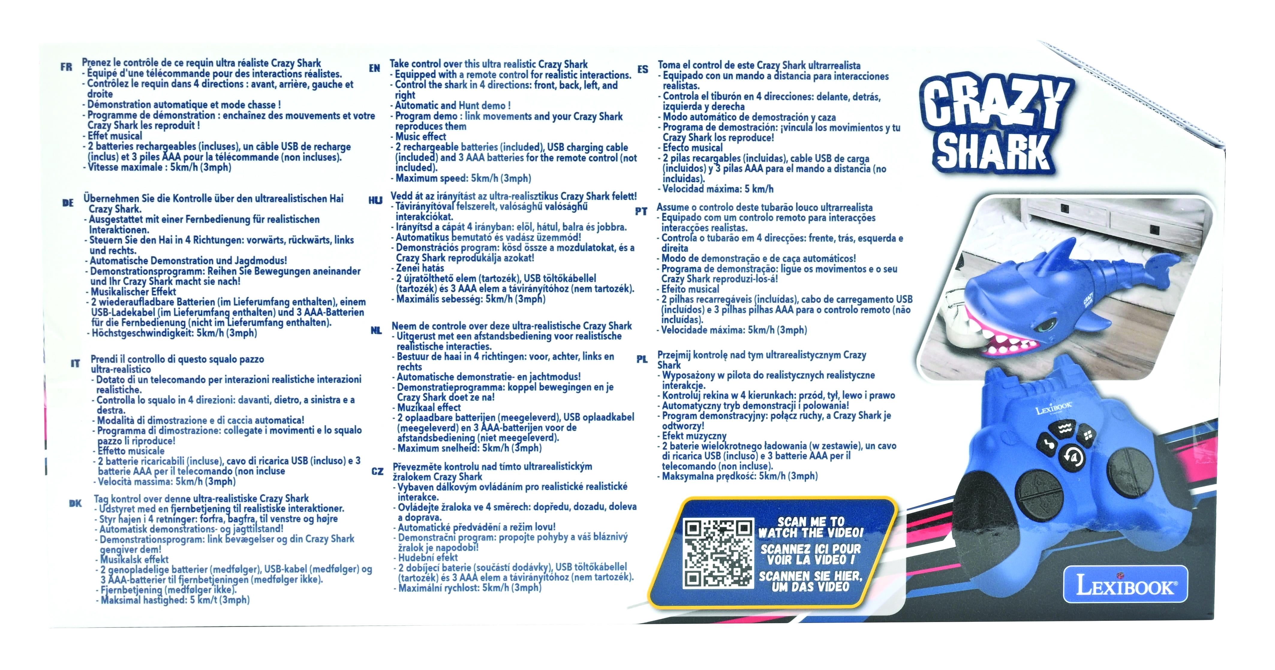 Lexibook - Crazy Shark - Remote Control Shark, Up to 5 Km/h (3mph), Automatic Hunt and Dance Modes, Programmable, Music Effects, Blue