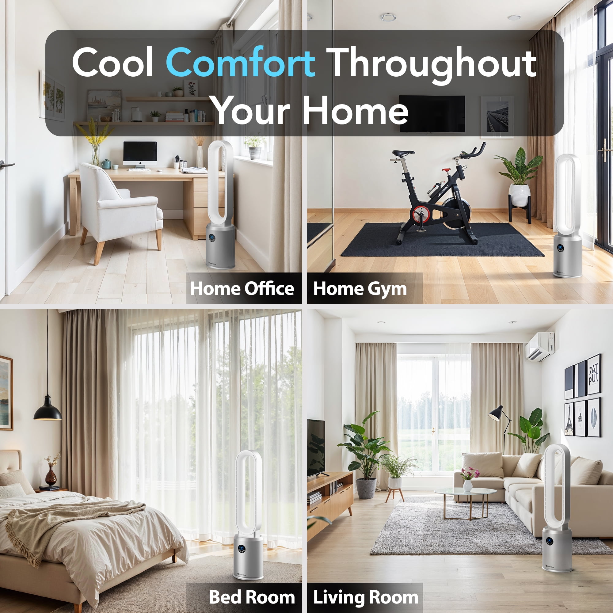 Comfort Zone 40" Bladeless Tower Fan with Remote Control, 9H Timer, Silver