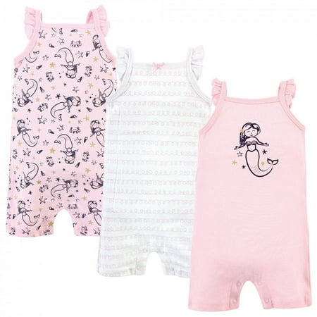 UPC: 0660168526752 | Hudson Baby Infant Girl Cotton Rompers 3pk  Pink Mermaid  0-3 Months