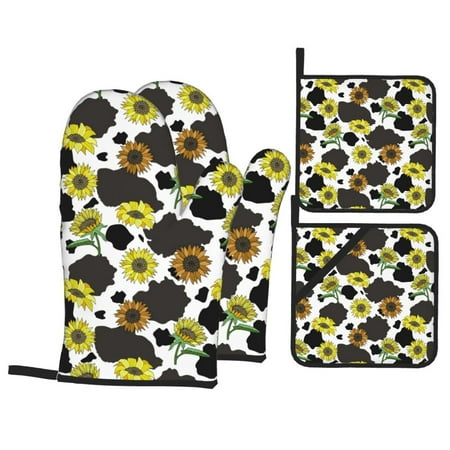 

Oven Mitts and Pot Holders 4 pcs Set Cow Print Sunflowers Black White Heat Resistant Pot Holders Oven Mitts for kitchen Non-Slip Hanging Loop Oven Glove Potholders for Baking Cooking