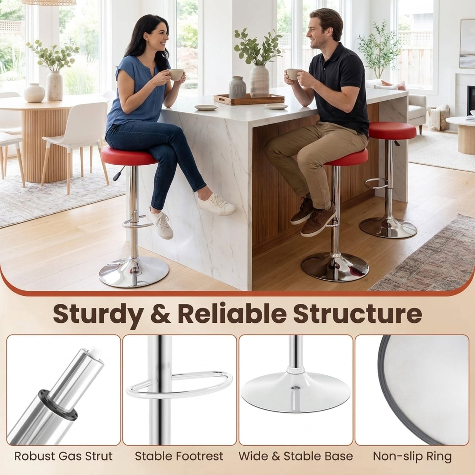 Furnibear Set of 2 Height-adjustable Swivel Bar Stool with 360° Swivel bar stool for Kitchen Island Counter Bar Pub Dining Home, Red