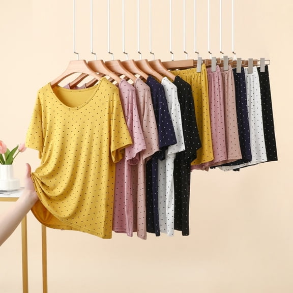 Women's 2 Piece Polka Dot Loungewear Set Short Sleeve Crew Neck Top with Elastic Waist Pants Breathable Casual Pajama Outfit for Home Nightwear Yellow XL(XL)