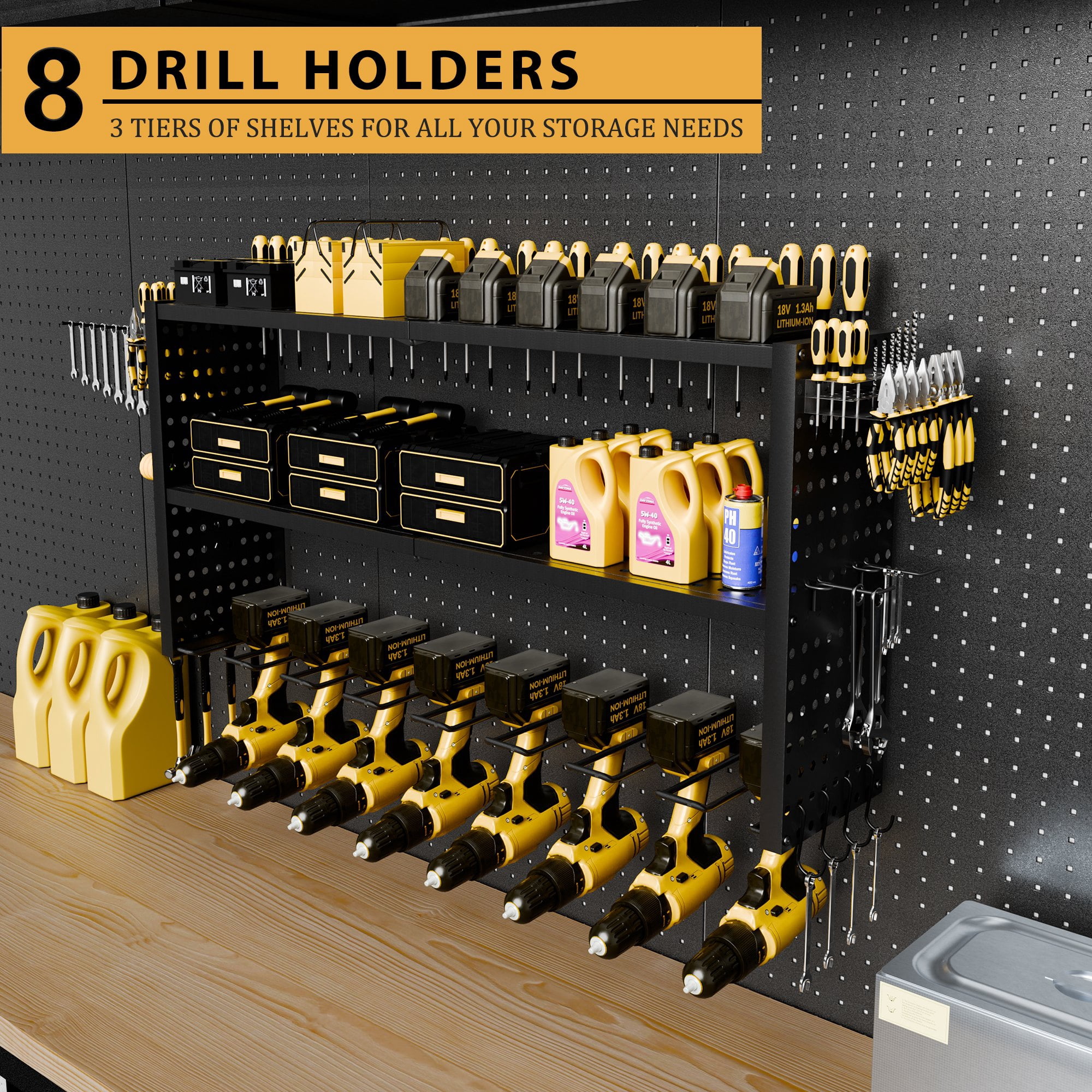 YHGJ Wall Mount Power Tool Organizer 8 Drill Holder, 3 Layer Heavy Duty Metal Storage Rack Floating Tool Shelf with Pegboard, Garage Tool Organizer with Screwdriver/Plier/Hammer Holder