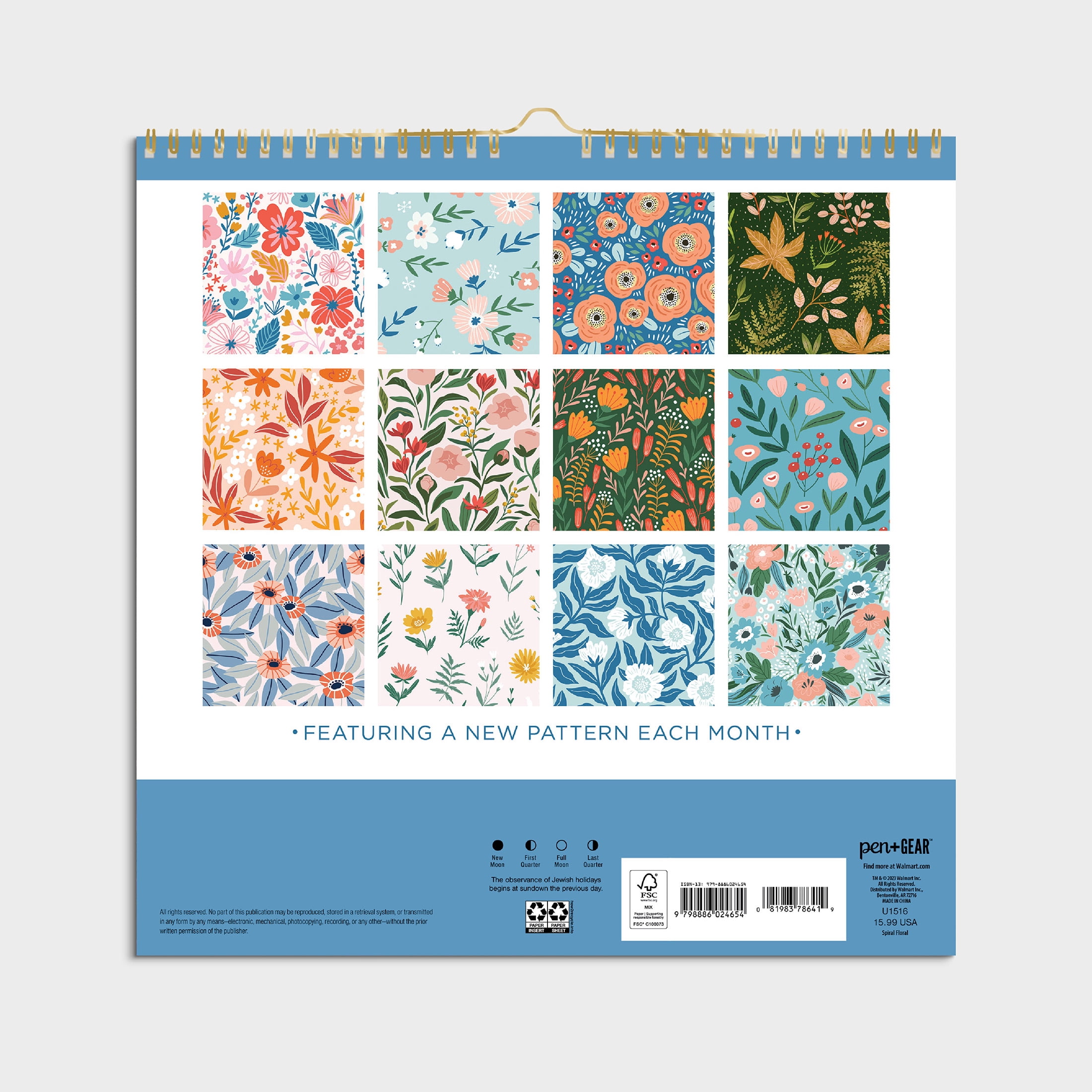 2024- 12 Month Calendar-Floral Border-12x12 Spiral bound -by Pen+Gear