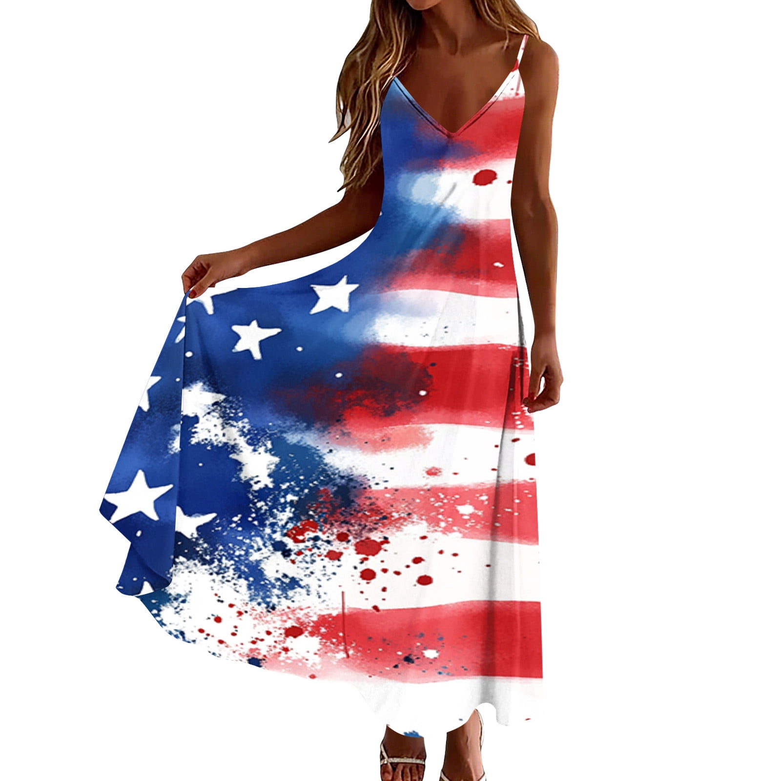 Plus Size Women 4th of July Sleeveless Dress Patriotic V Neck Maxi Dresses Spaghetti Strap Beach Long Dresses