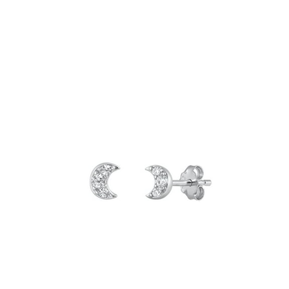 Sterling Silver Clear CZ Crescent Moon Stud High Polished Earrings .925 New Jewelry Female