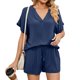 thumbnail image 1 of Conjuntos de 2 piezas para mujer, cuello en V, manga corta enrollada, Top, pantalones cortos con nudo, conjunto de trajes de Color puro de verano, 1 of 6