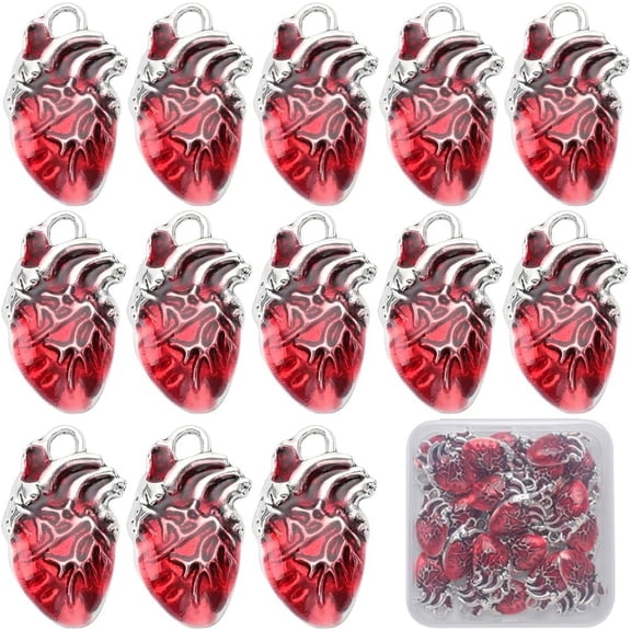 1 Box 30Pcs Heart Charms Bulk Alloy Anatomical Charms Red Enamel Metal Antique Silver Gothic 3D Organ Hearts Hollowen Charms for Jewelry Making Women DIY Necklaces Earrings Bracelets Crafts