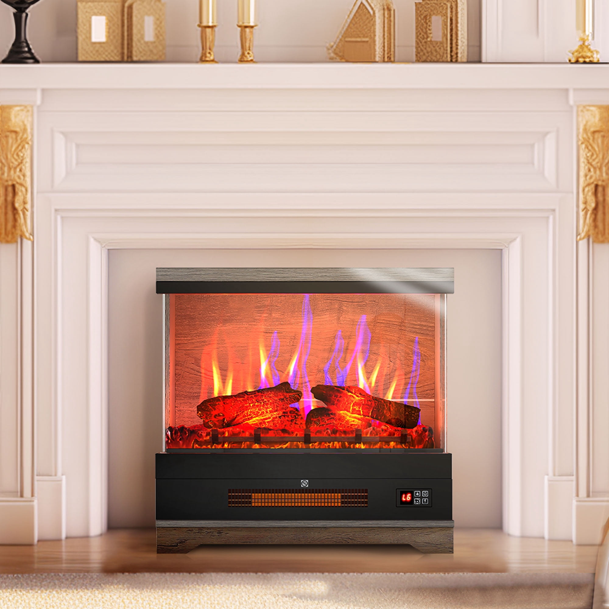 Uforic 25 inch Electric Fireplace Insert, Freestanding Fireplace with Remote Control, 7 Color Flames, 5000 BTU, Gray & Black