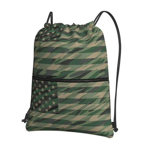 Vsdgher Jungle Green Camo USA Flag Drawstring Backpack Water Resistant String Bag Sports Sackpack Gym Sack for Men Women