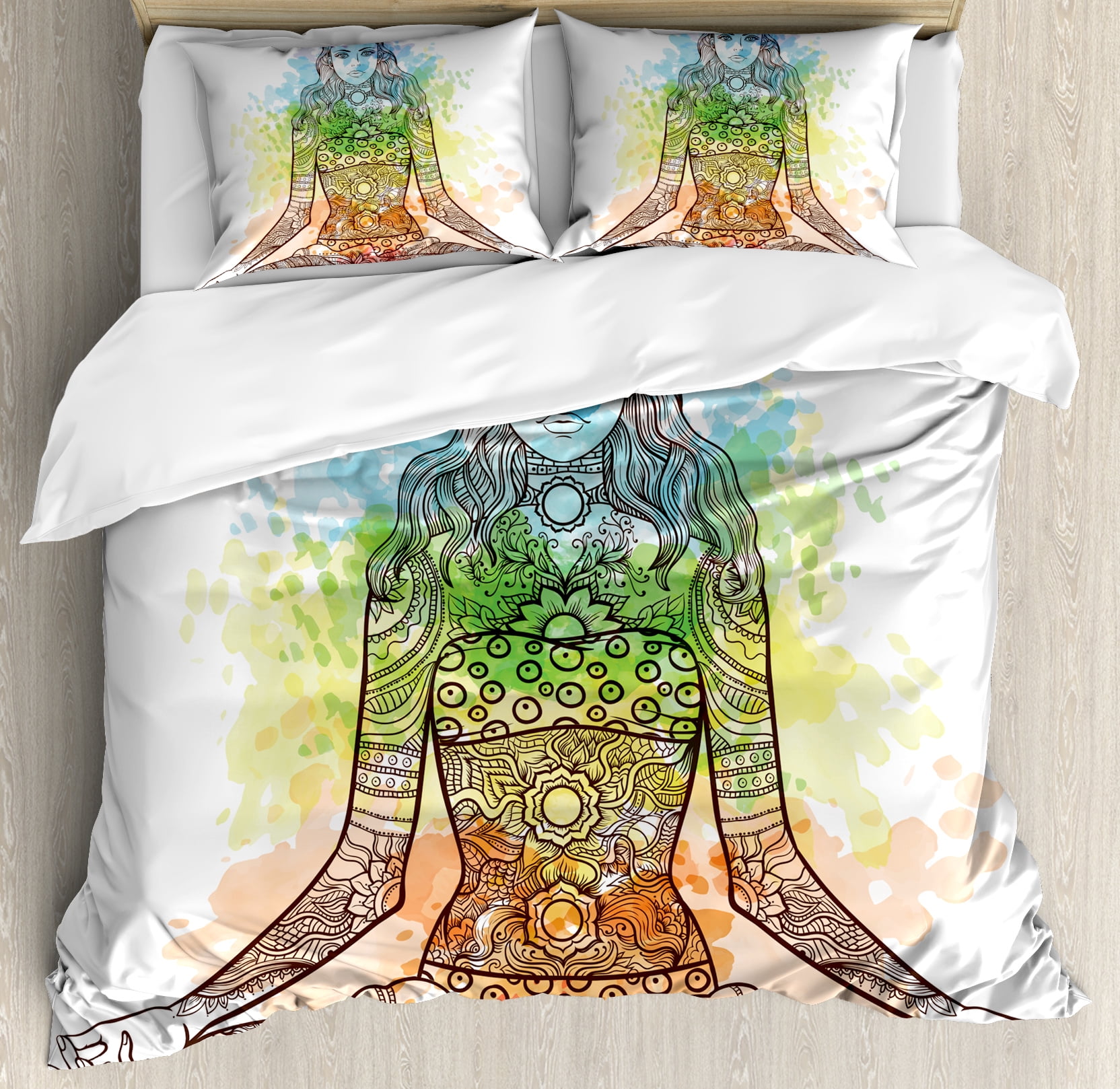 Yoga Duvet Cover Set Tattoo Mehndi Style Vintage Ornate Woman Yoga Duvet Cover Set Tattoo Mehndi Style Vintage Ornate Woman Figure In Lotus Pose Chakra Aura Watercolor Decorative Bedding With Pillow Shams