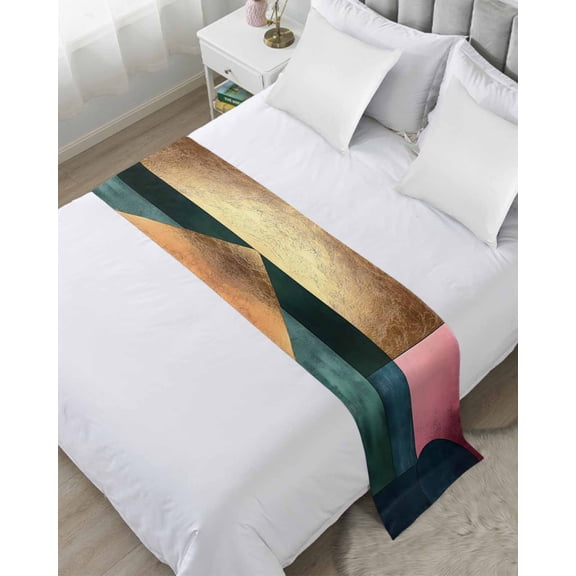 Bed Runner Scarf Queen Size, Modern Stain Bed Runners & Scarves for Foot of Beds, Abstract Colorful Patchwork Geometric Decorative Bedding Runner Scarf for Hotel Home Bedroom