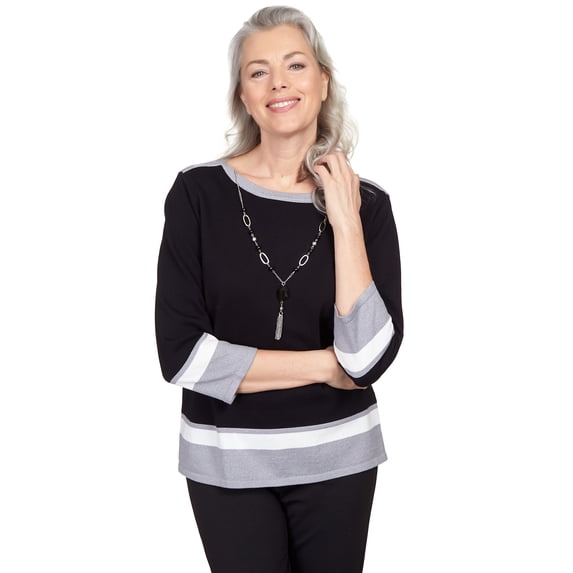 Alfred Dunner Womens Petite Border Stripe Crew Neck Top With Necklace