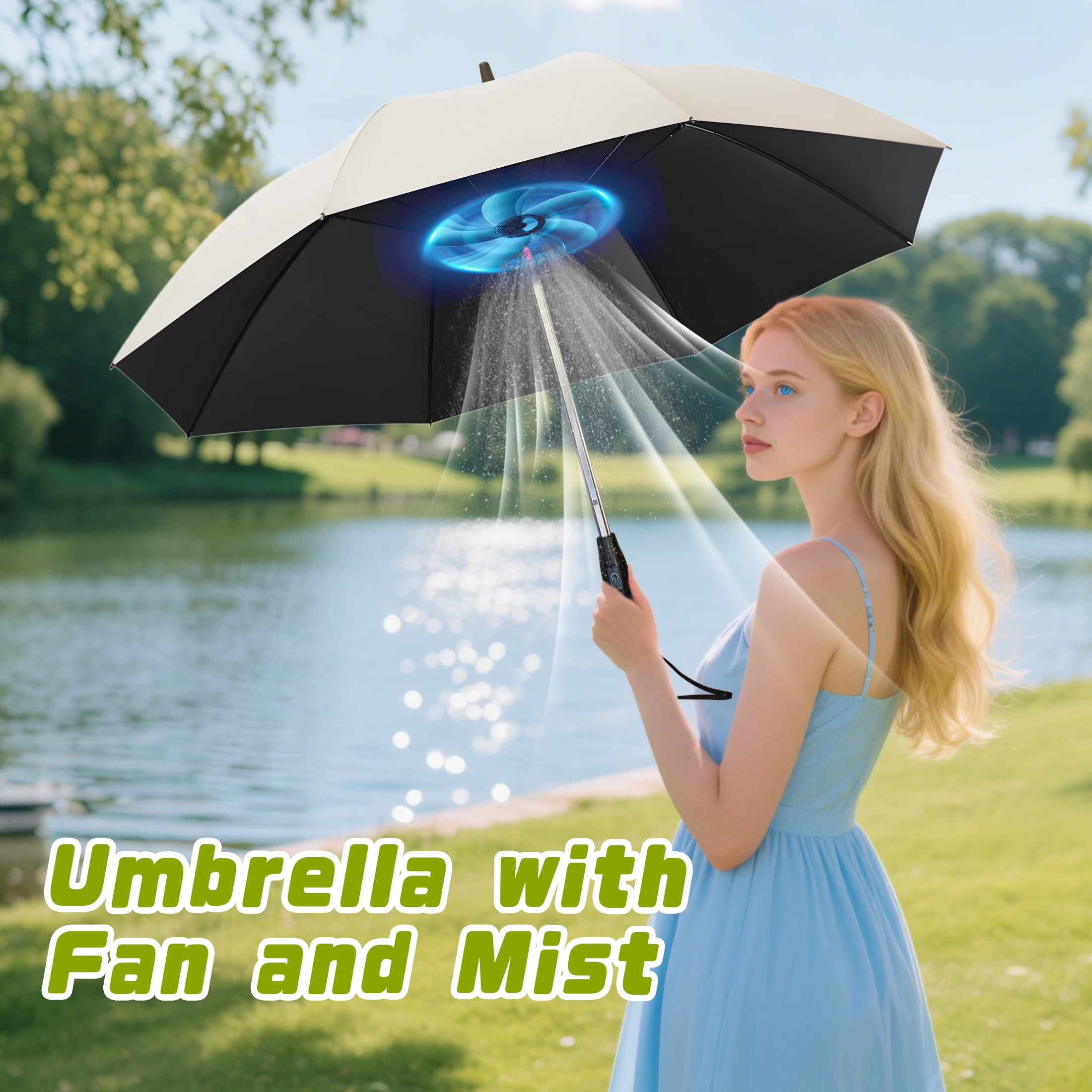 Oviora Umbrella with Fan and Mister, Rechargeable Cooling Umbrella with Built-in Fan & Mist Spray , UV Protection, Portable for Beach, Golf, Festivals, and Outdoor Activities
