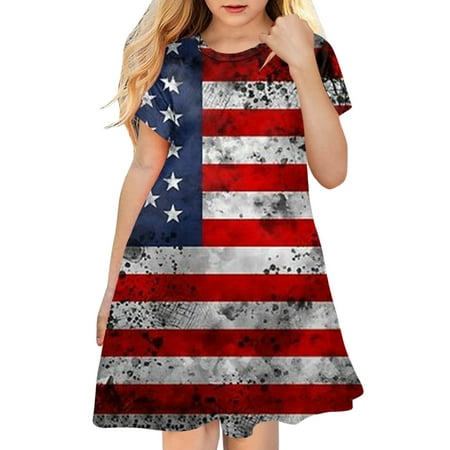 

hibro toddler kids girl fourth of july independent day star stripes prints short sleeves party costome princess dress long dress girl dress shoes for big girls size 5
