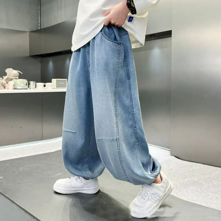 Kiijoy Big Boys Cartoon Embroidery Baggy Jeans Casual Elastic