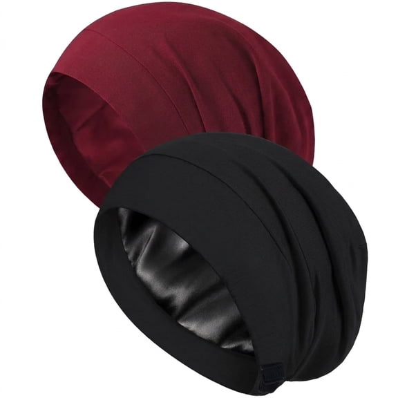 2Pcs Satin Lined Bonnet Beanie Hats for Sleeping, Adjustable Slouchy Night Sleep Caps Hair Wrap for Women Men, Black & Burgundy