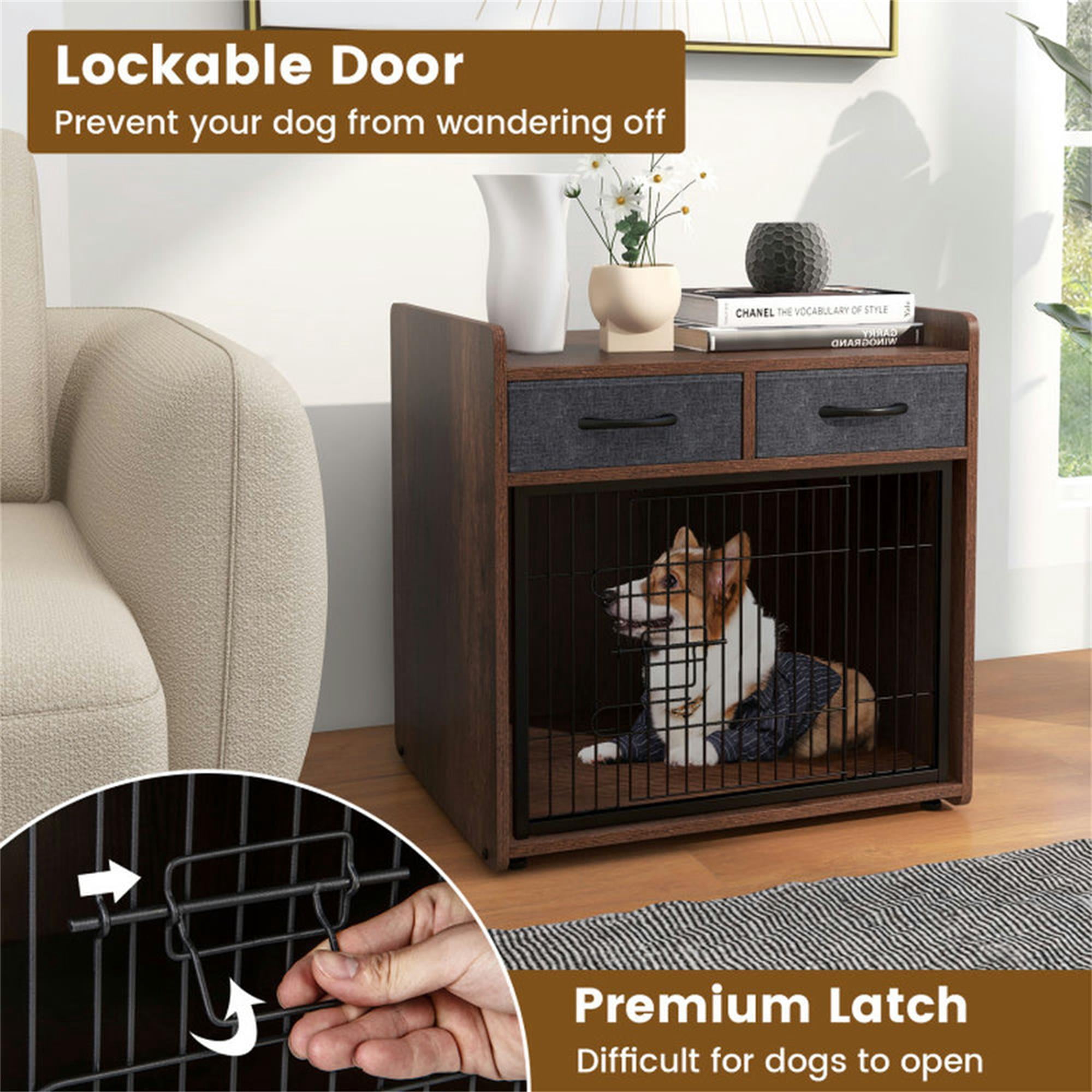 Pefilos 25" Dog Crate Furniture, Indoor Dog Kennel with 2 Fabric Drawers, Decorative Pet Cage Dog House, Brown