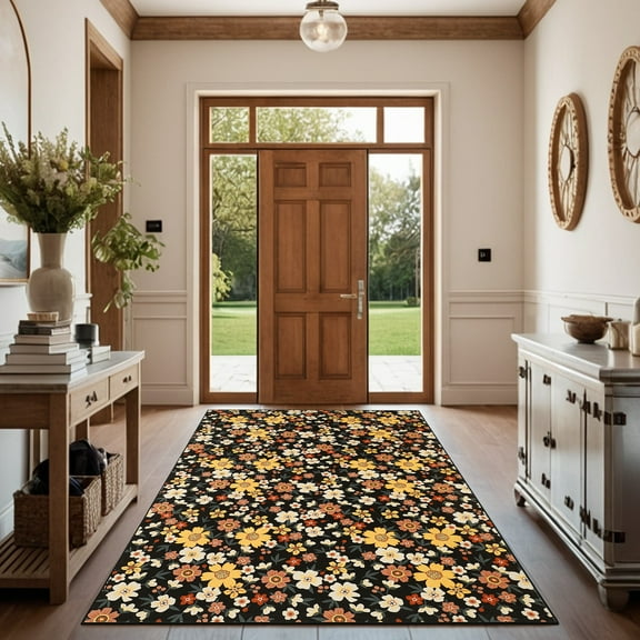 HOMERRY 9' x 12' Area Rug for Living Room Indoor Washable Bedroom Floral Carpet for Floor Decoration, Black Yellow