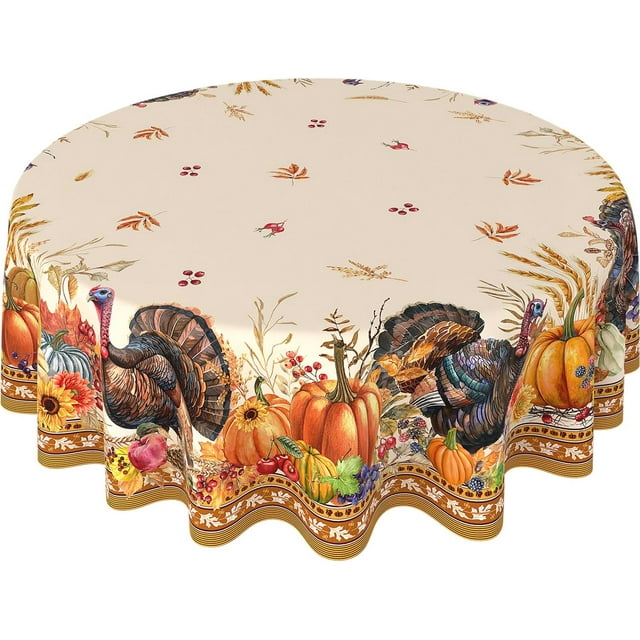 Nappe de l\'Action de Grâce Ronde 60 Pouces, Dinde Récolte d'Automne Nappe de l\'Action de Grâce Ronde Imperméable Housse de Table pour Souper Cuisine Décorations de Fête