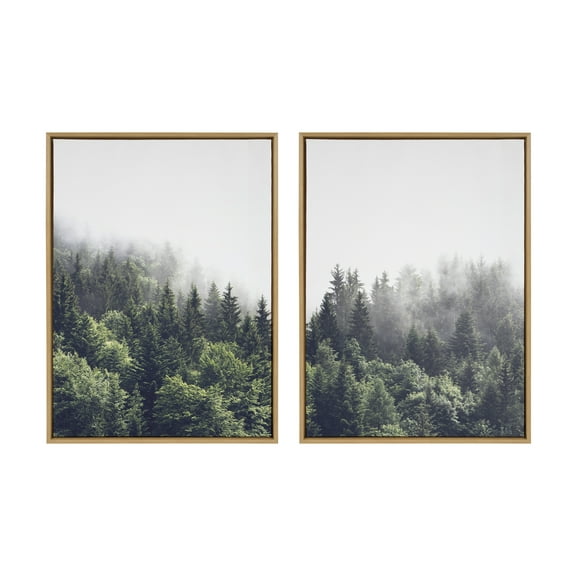 Kate and Laurel Sylvie Lush Green Forest on a Foggy Day Left and Right Framed Canvas Wall Art Set by The Creative Bunch Studio, 2 Piece Set 28x38 Natural, Forest Mountain Landscape Art Set for Wall