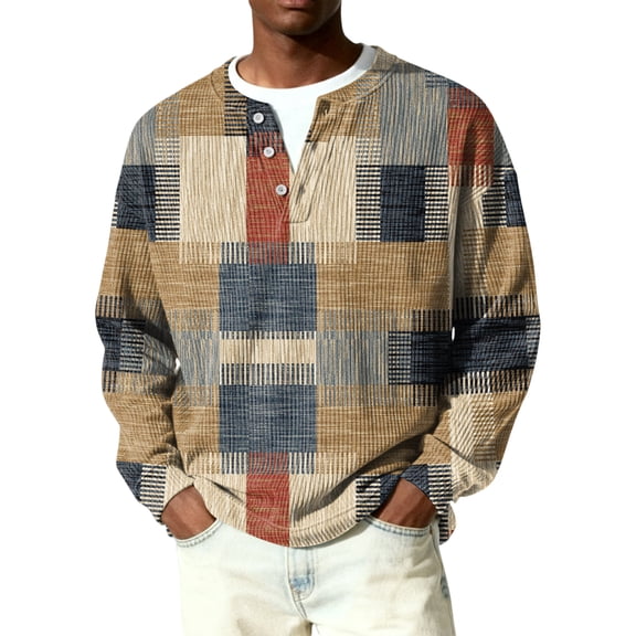 Nokdvo Waffle Shirts for Men Long Sleeve Sherpa Plaid Quarter Button Up Henley Casual Sweaters Fall Winter Quilted Knit Solid Color Loose Shirt,Brown 2XL