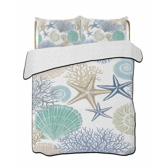 Quilts Twin-XL Size Bedding Set, Marine Life Lightweight Quilted Comforter, Summer Coastal Nautical Coral Conch Seashells Soft Bedspread Coverlet with Pillow Covers for All Season, 68" x 98"