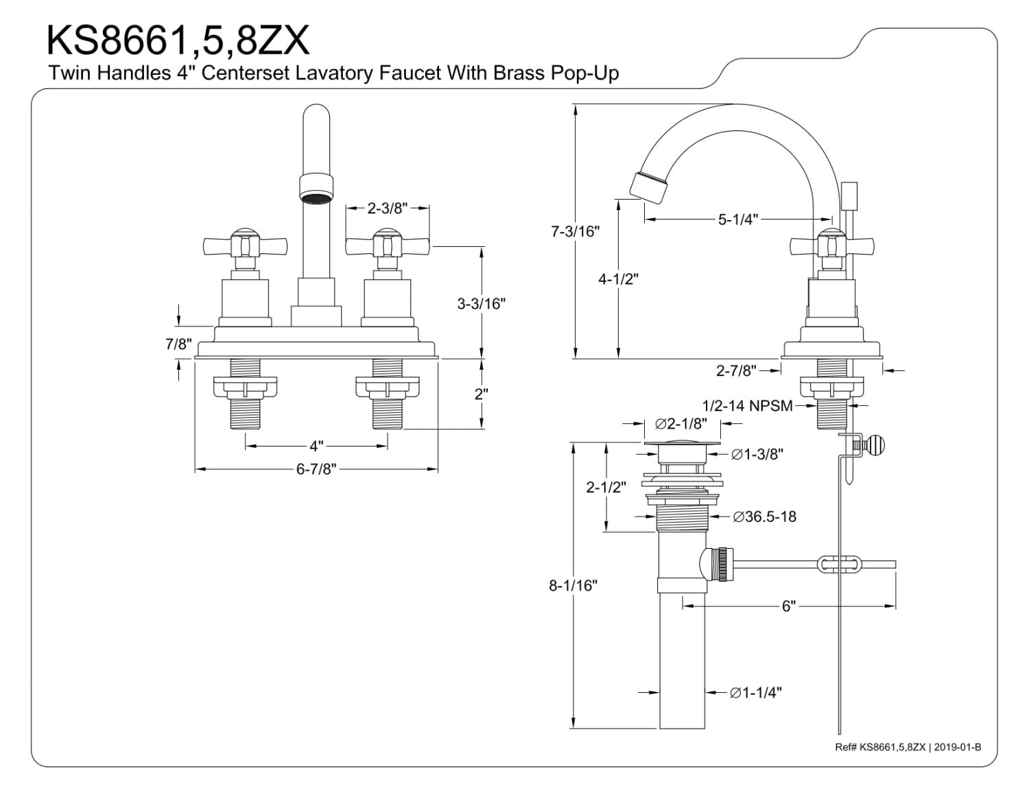 Kingston Brass KS8665ZX Millennium 4 in. Centerset Bathroom Faucet with Brass Pop-Up, Oil Rubbed Bronze