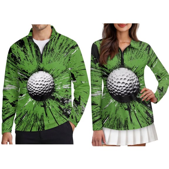 FOR U DESIGNS Green Golf Ball Splash Print Matching Couple Golf Shirts Long Sleeve Quarter Zip Up Polo Shirts Moisture Wicking Outfits for Men Women