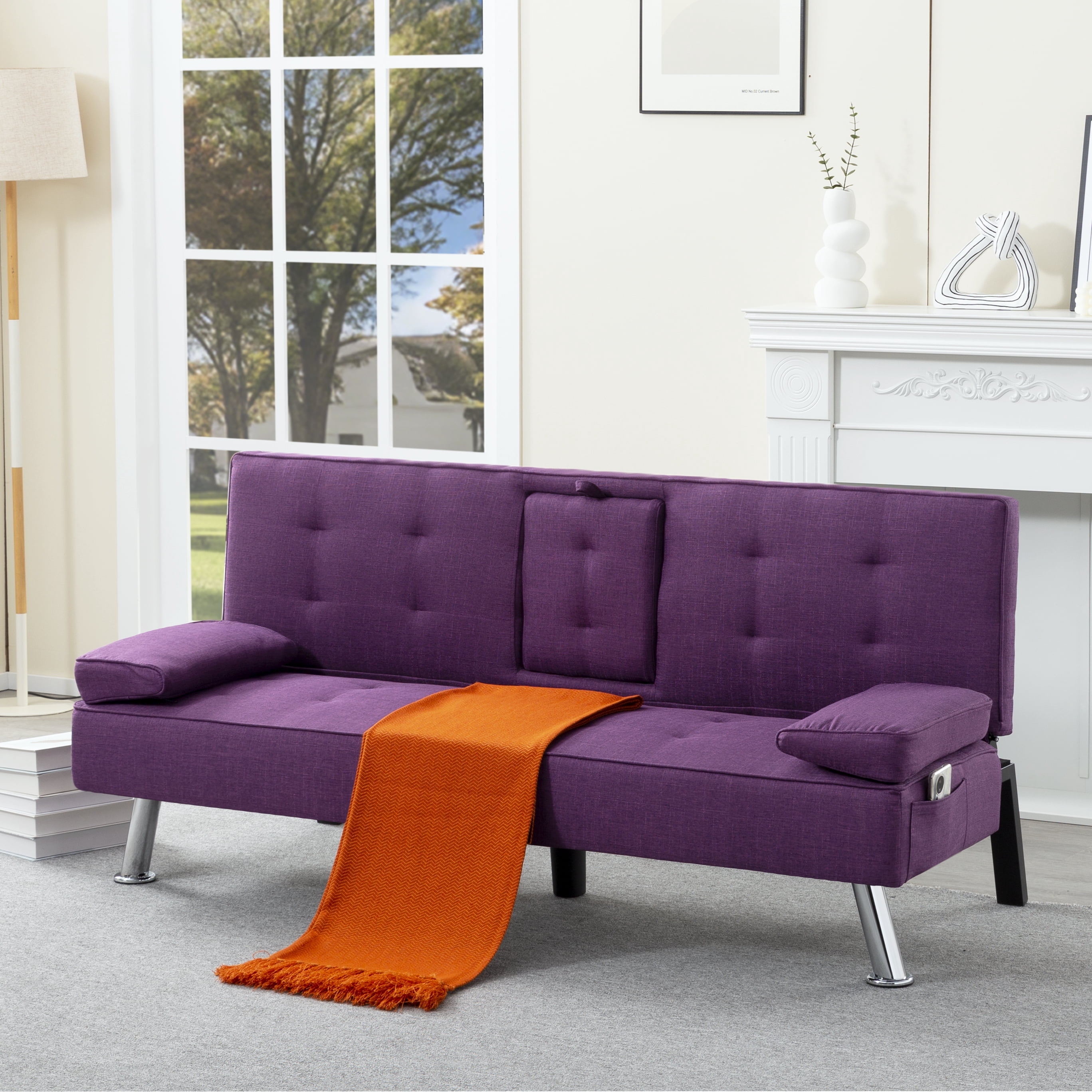 BSHTI 69.49” Twin Size Futon Sofa Bed with Cup Holders – 5-Position Adjustable Sleeper, Polyester Upholstery, Storage Side Pocket, Removable Arm Cushions, Easy Conversion, Purple