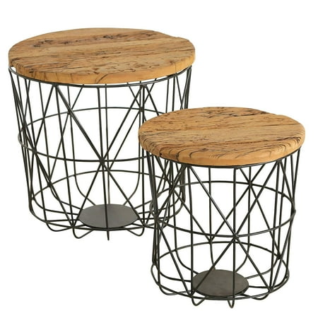 Reclaimed Table Tops Reclaimed Railway Basket Bottom Tables, Set of 2, Wood, Iron, Removable Tops, Industrial Style, Distressed Vintage Finish, 17.75 and 13.75 Inches ()