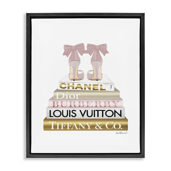 Stupell Industries Pink Gold Heels Bookstack Beauty & Fashion Painting Black Floater Framed Canvas Art Print Wall Art, 17 x 21