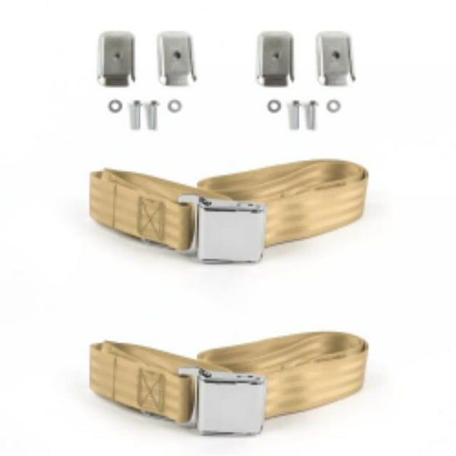 VW Type 3 Squareback Airplane 2 Point Tan Lap Bucket Seat Belt Kit with Bracketry - 2 Belts