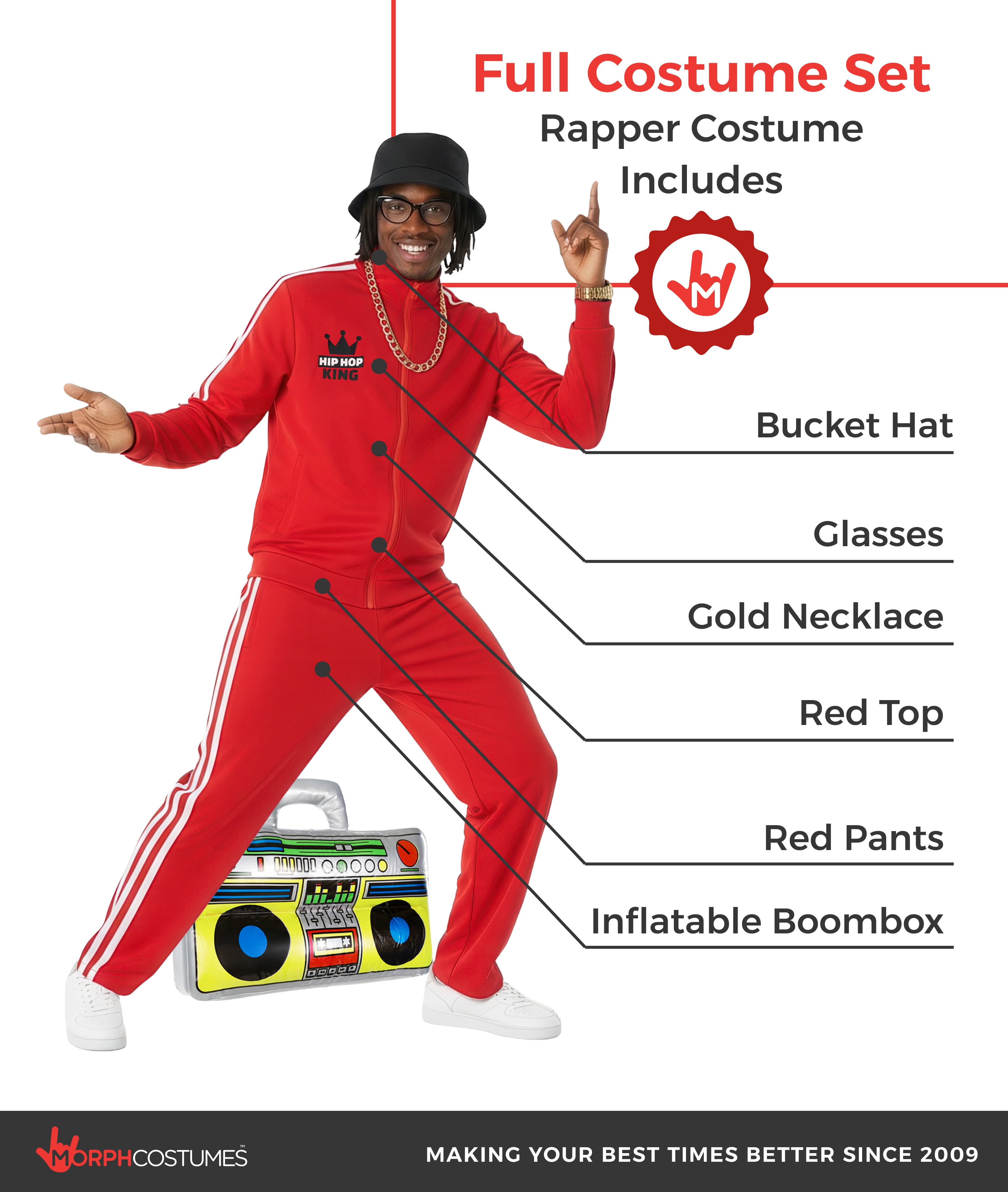 Morph Mens 90s Hip Hop Tracksuit Costume with Accessories, Red, XL