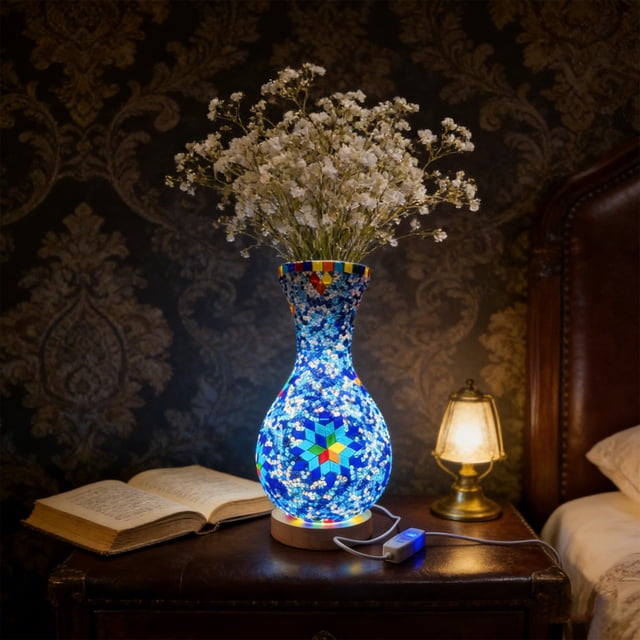USB Glass Vase LED Night Light 13.77In Mediterranean Geometric Pattern 2 In 1 Vase Ambient Lamp 3 Level Dimming Flicker Light for Bedroom Bedside Living Room Homestay Housewarming Holiday Gift Decor