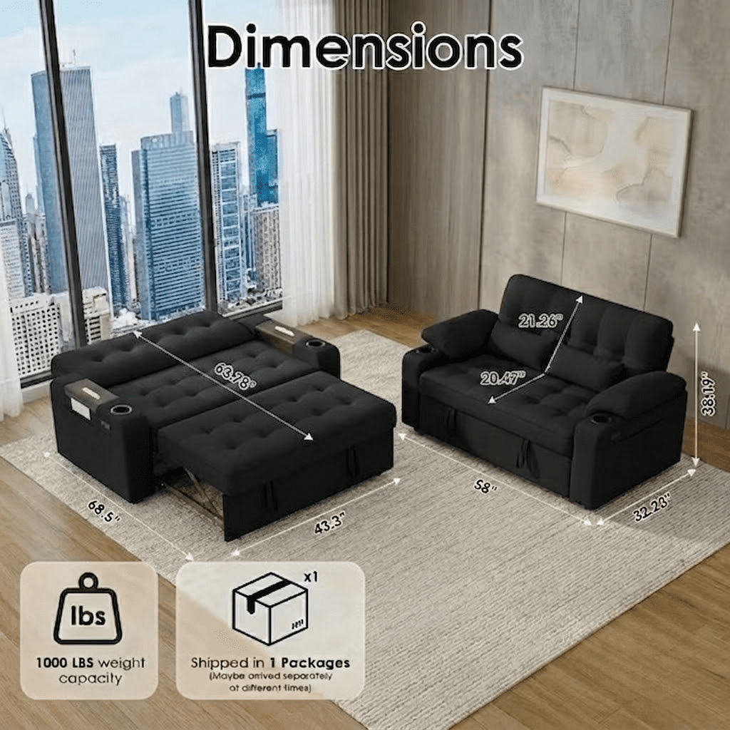 58" Convertible Sofa Bed Pull Out Couch Sleeper Loveseat with Teddy Fabric USB Charging Ports Adjustable Backrest Cup Holders and Side Pocket for Living Room Apartment Small Spaces,Black