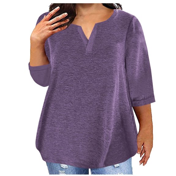 yillto Womens Plus Size Shirts 3/4 Sleeve V Neck Loose Tshirts Summer Basic Blouse with Pockets L-4XL