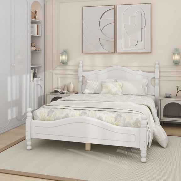 Full Size Wood Platform Bed Frame,Retro Style Platform Bed with Wooden Slat Support,White