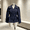 Solid color belted short jacket - navy blue, variant on 2026 European and American Autumn New Women's Short Trench Coat, Lapel Double Breasted Belted Waist Cropped Windbreaker with Shoulder Straps
