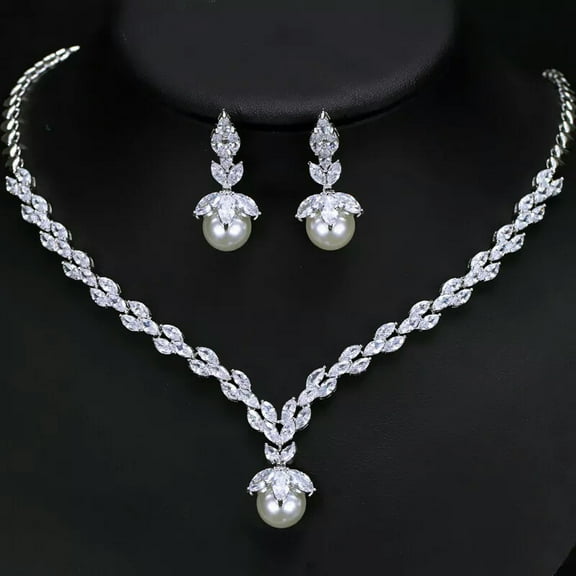 Gorgeous Cubic Zirconia Pearl Pageant Jewelry Necklace Earrings Sets for Ladies