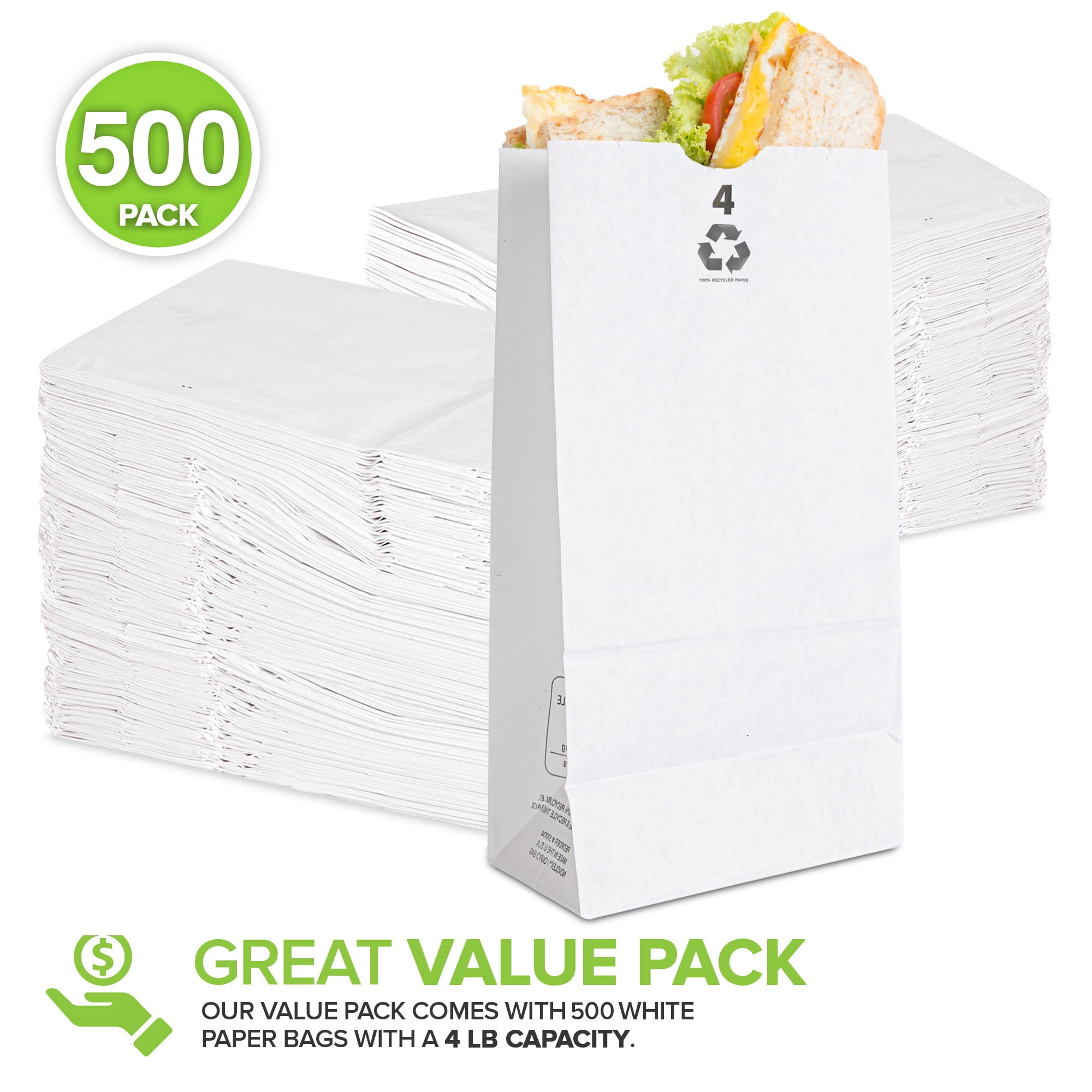 4 Lb Kraft White Paper Bags Lunch (500 Count) - Bulk Disposable Lunch Sacks, Small Size Blank Bag for Kids, Good for a Snack, Sandwich, Grocery Food, and Arts & Crafts Projects, Stock Your Home