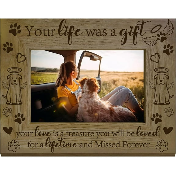 Dog Wooden Frame Pet Memorial Frames Natural Wood Vintage Animal Engraved Picture Photo Holds Display Tabletop Wall Hanging Decor for Pets Loss Sympathy Loving Memory Gifts 8.6 x 6.6 Inch